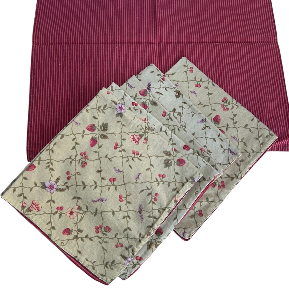 French Provencal Strawberry vine print double faced striped Napkins set 6 SIX